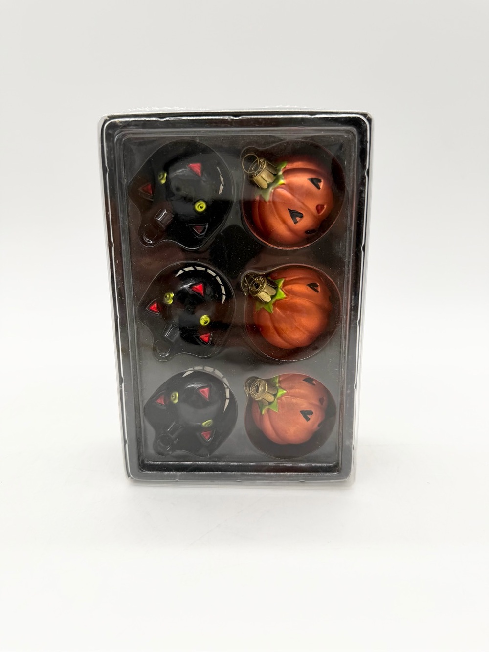 Vintage Hallmark Mini Hand-Blown Glass Ornaments 3 Black Cats/3 Pumpkins NIB